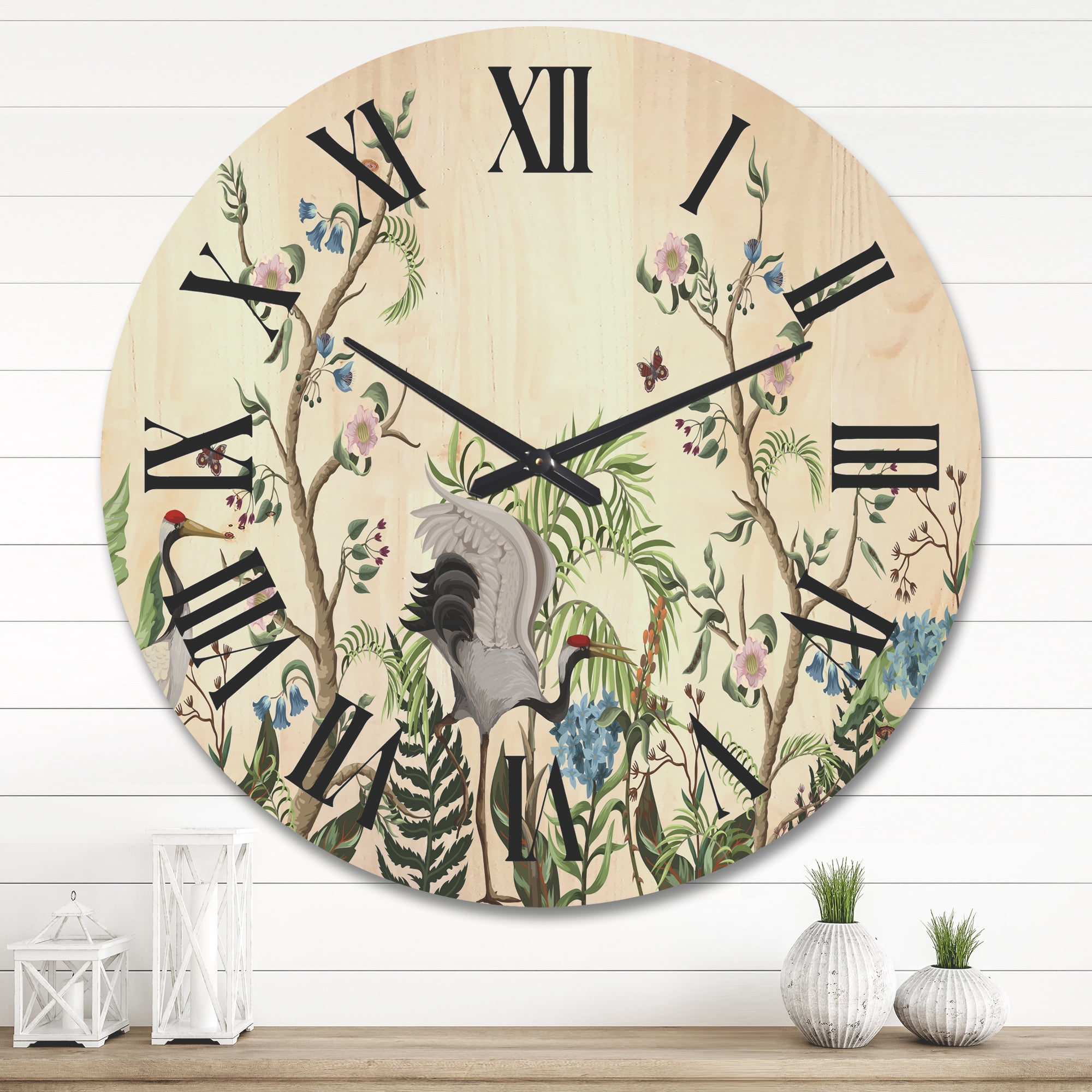 Designart 'Border With Peonies and Cranes In Chinoiserie Style' Traditional Wood Wall Clock