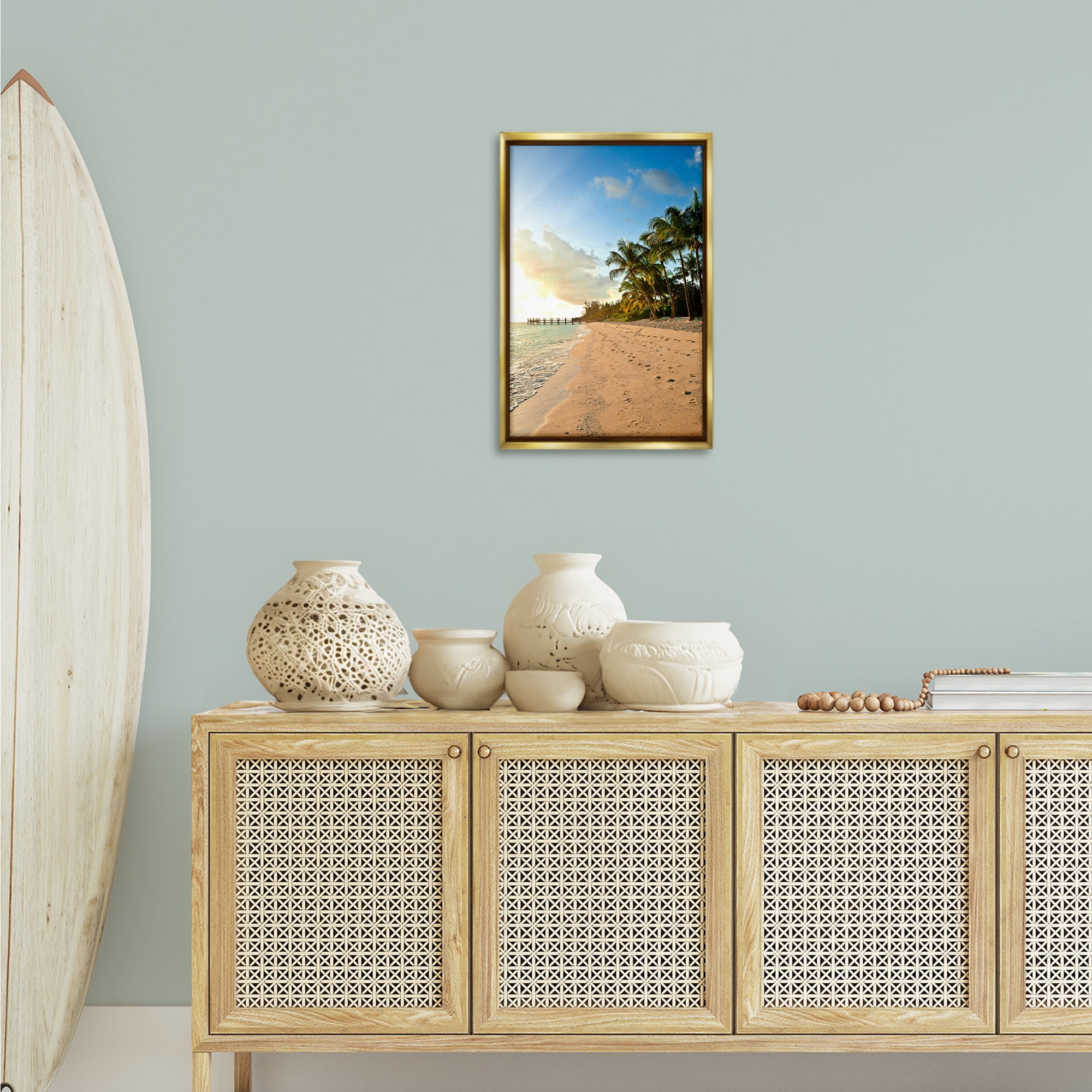 Stupell Industries Sandy Footprints Shore Coastal Photography Gold Floater Framed Canvas Art Print Wall Art, 17 x 25