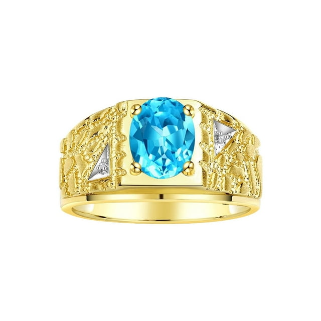 RYLOS Men's Rings 14K Yellow Gold Designer Nugget Ring Oval 9X7MM Gemstone & Diamonds Blue Topaz December Birthstone Rings For Man Size 12
