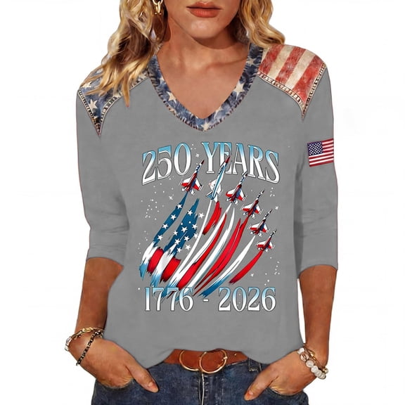 Fabrcox S-5XL 1776-2026 USA 250th Anniversary Shirt Flag Print 3/4 Length Sleeve 4th July Shirts for Women We the People Celebration Freedom Patriotic Shirt Women