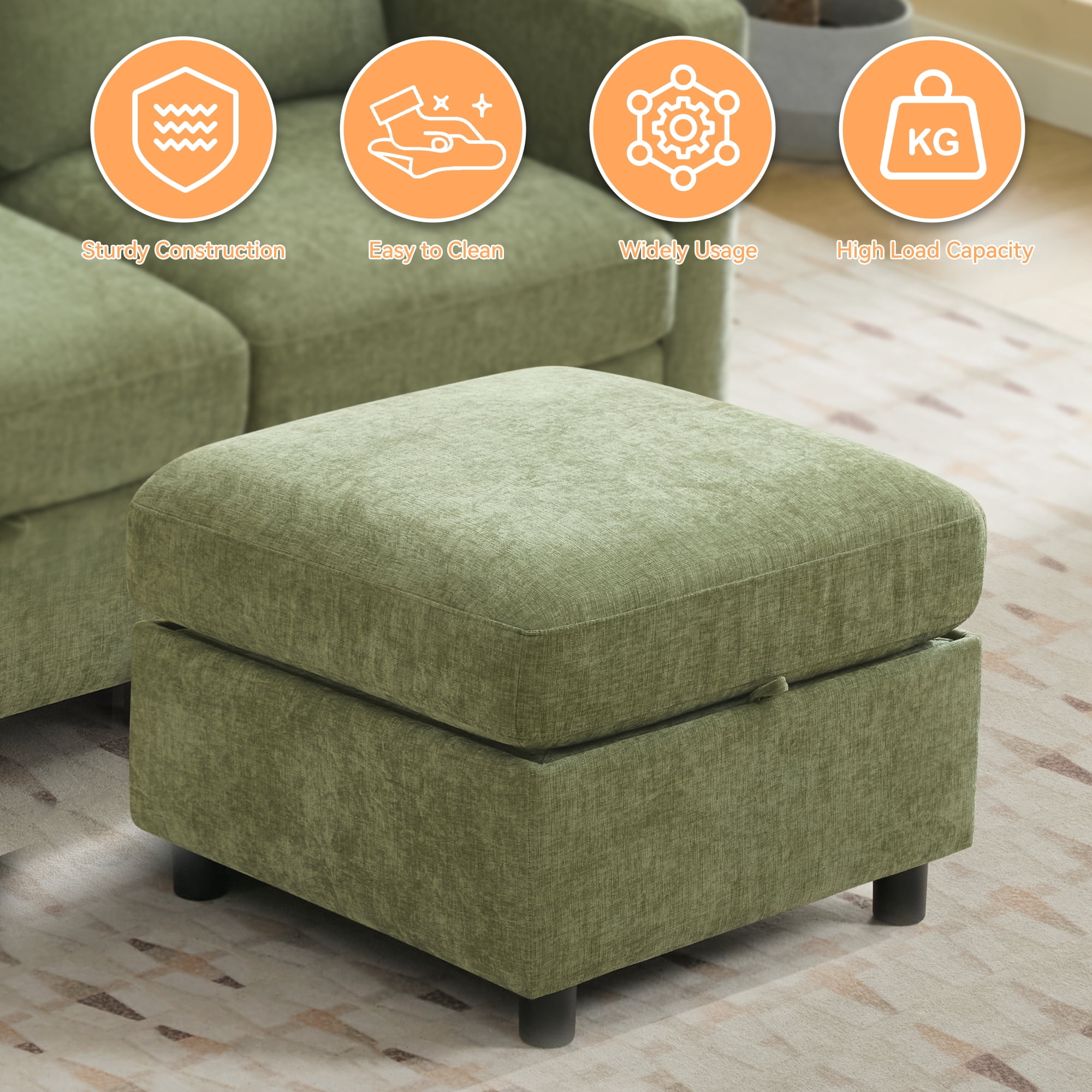 25" Square Storage Ottoman for Modular Couch, Convertible Footrest with Hidden Compartment, Chenille Upholstered Coffee Table & Extra Living Room Seating,Green