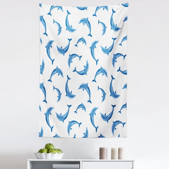 Dolphin Tapestry, Pattern Dolphins Illustration Ornamental Nature Under the Wildlife Marine, Fabric Wall Hanging Decor for Bedroom Living Room Dorm, 5 Sizes, Blue White, by Ambesonne