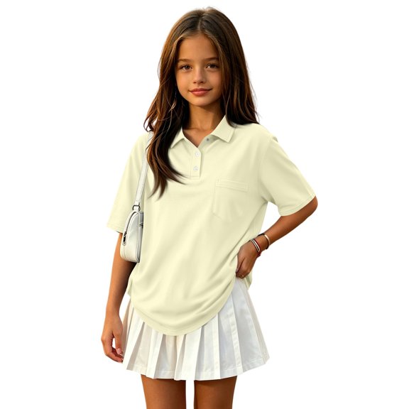 JULMCOMO Girls Polo Shirts Collared Short Sleeve Split Hem Casual Golf Shirts Kids Summer School Uniform Tops with Chest Pocket Beige 3-4Y