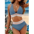 thumbnail image 2 of Women Tummy Control Swimsuits Color Block Two Piece Drawstring Bathing Suit Gray Blue M, 2 of 7