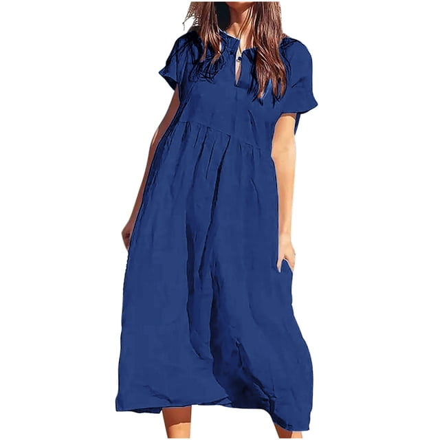 Staron Robes d'Été pour Femmes en Liquidation à Moins de 10$, T-Shirt en Coton et Lin Plissé à Col en V, Robe d'Été à Manches Courtes