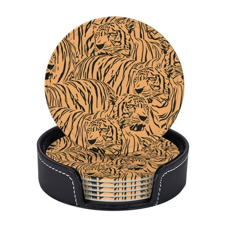 

6 Pcs Leather Coasters Abstract Tiger Coasters For Drinks Cup Mat Pad Housewarming Gift Ideal For Home Decor