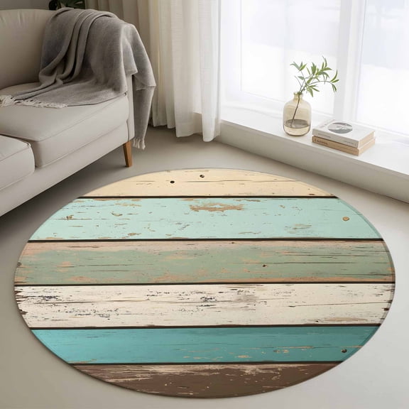 Farmhouse Teal Brown Round Area Rug 3 FT, Small Kitchen Bathroom Mat, Vintage Ombre Wooden Washable Indoor Outdoor Throw Runner Carpet Doormat for Table Shower Sofa Entryway