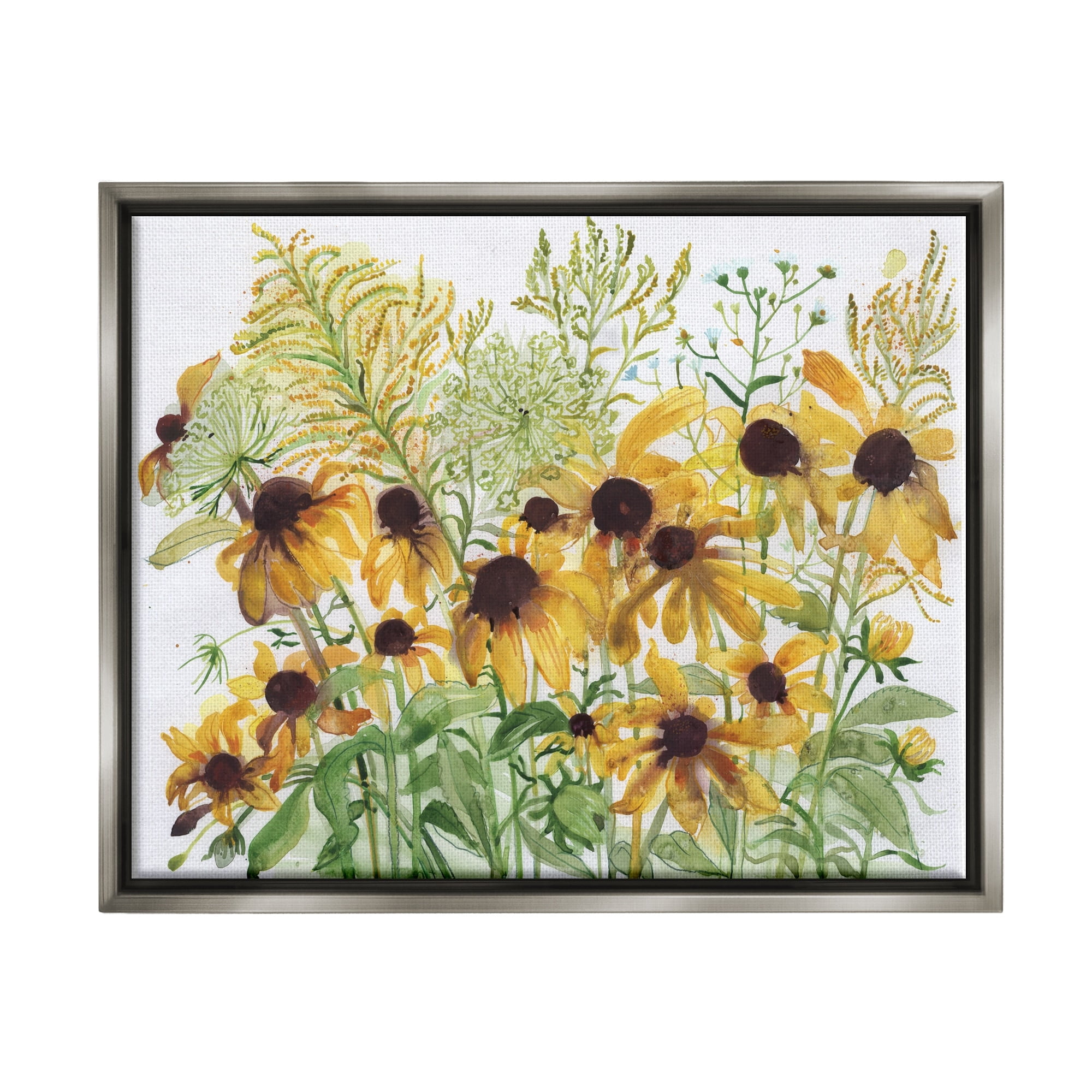 Stupell Industries Layered Yellow Daisy Blooms Wildflower Herb Sprouts Painting Luster Gray Floating Framed Canvas Print Wall Art, Design by unknown