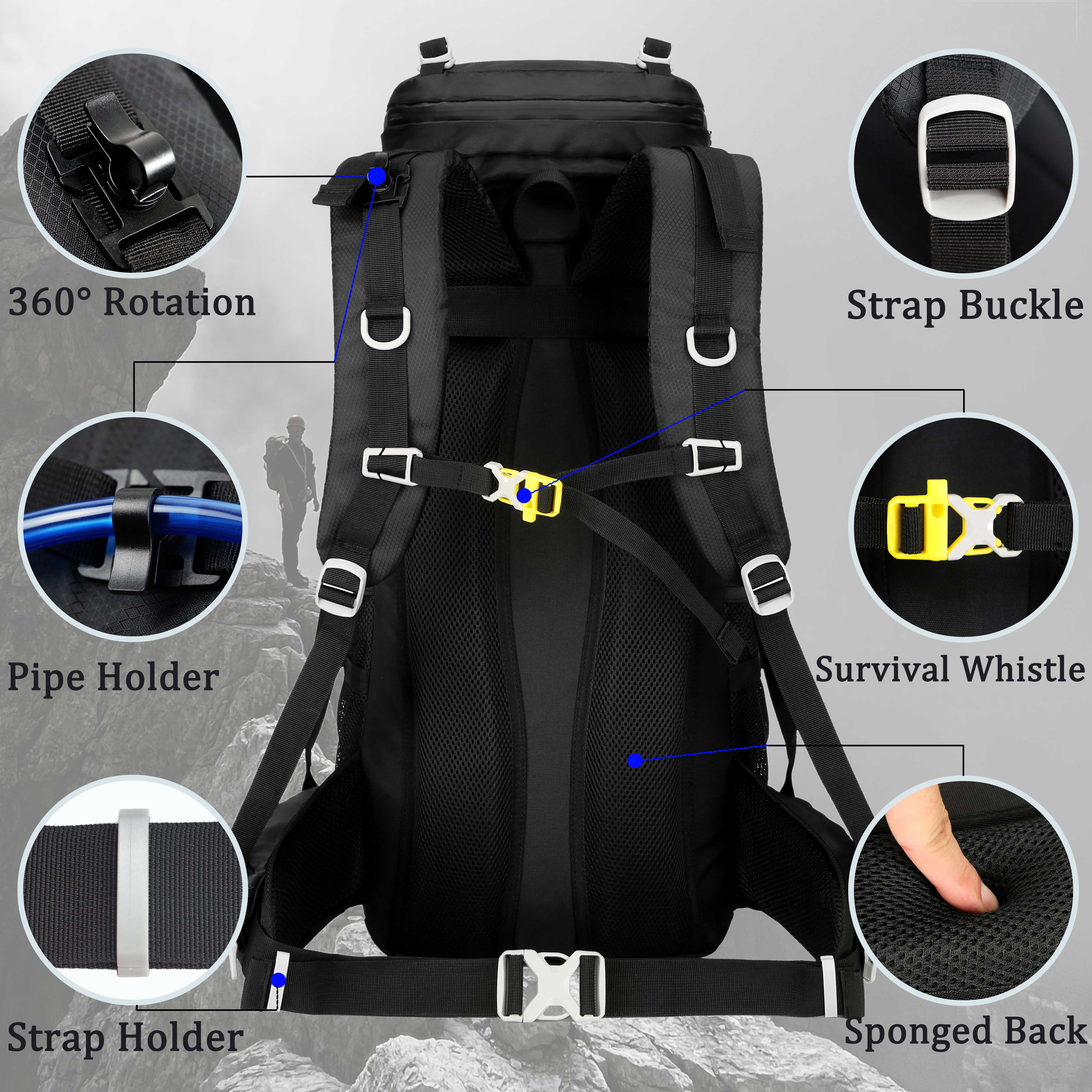 60L Travel Hiking Camping Backpack with Rain Cover, Backpack Water Resistant,Climbing Backpack for Men Women