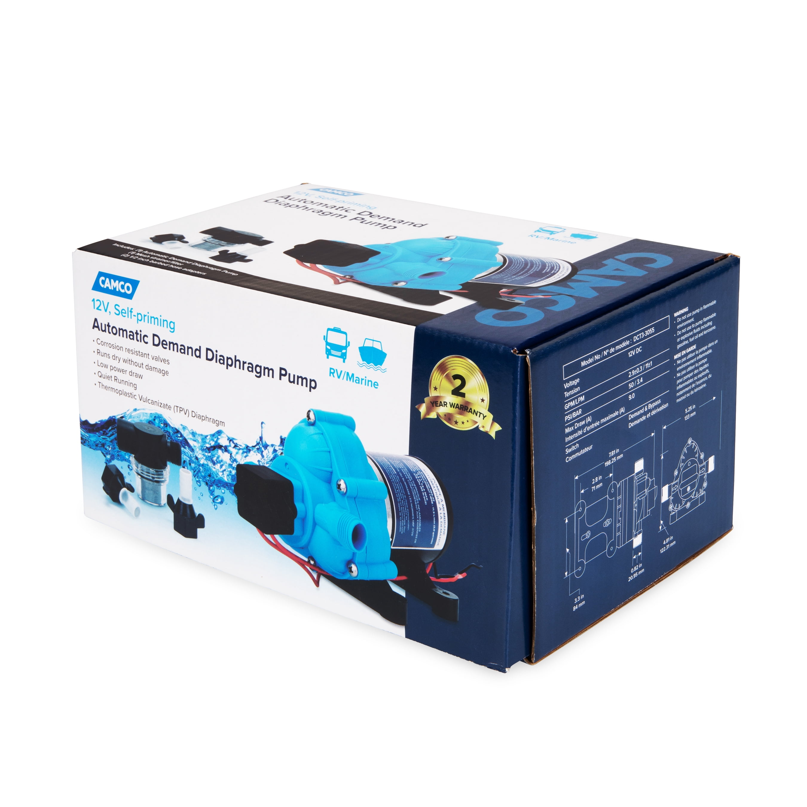 Camco RV/Marine Variable Flow Automatic Demand Diaphragm Water Pump, 12V, 3.0 GPM, 55-PSI (22491)