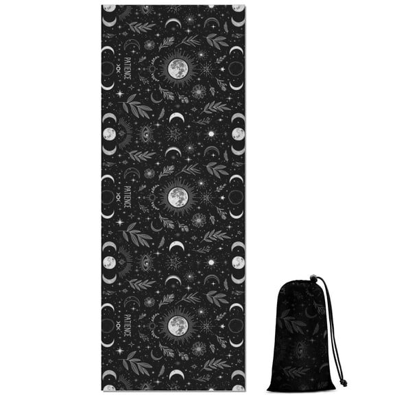 Black White Gothic Moon Flower Leaf Pattern Hot Yoga Mat Towel Non Slip for Hot Yoga - Quick-Drying Yoga Mat Cover with 4 Corner Pockets with Travel Bag - Hot Yoga Towel Non Slip 70"x26"