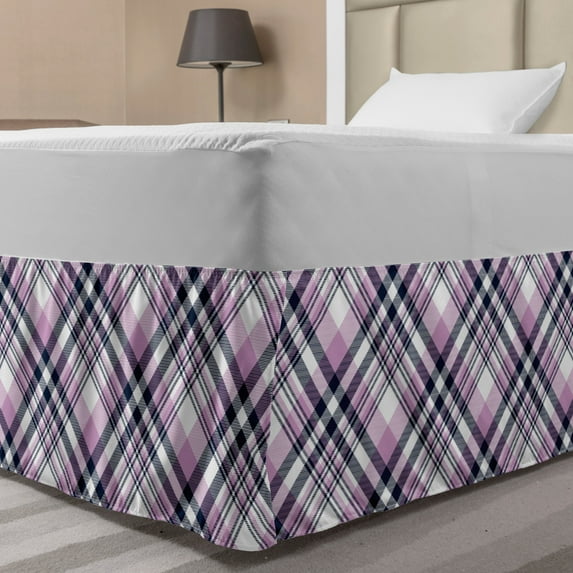 Tartan Bed Skirt, Abstract Checkered Classic Pastel Geometric Pattern Country Stripes, Elastic Bedskirt Dust Ruffle Wrap Around for Bedding Decor, 4 Sizes, Grey Pink Indigo and White, by Ambesonne