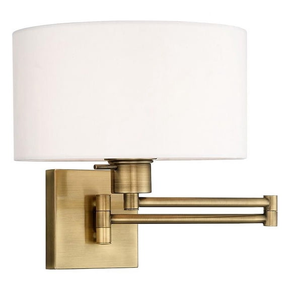 1 Light Traditional Steel Swing Arm Wall Sconce with Off-White Fabric Shade-11 inches H By 11 inches W-Antique Brass Finish Bailey Street Home