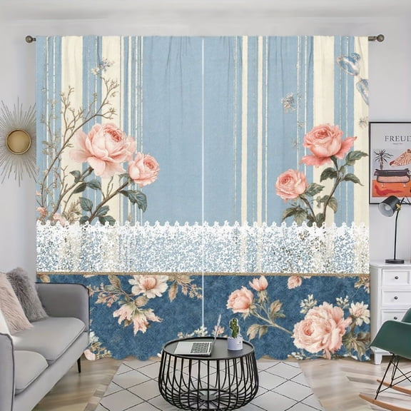 WNOOHIY 2 Panels Blue Stripe Floral Light Filtering Curtains for Living Room Bedroom
