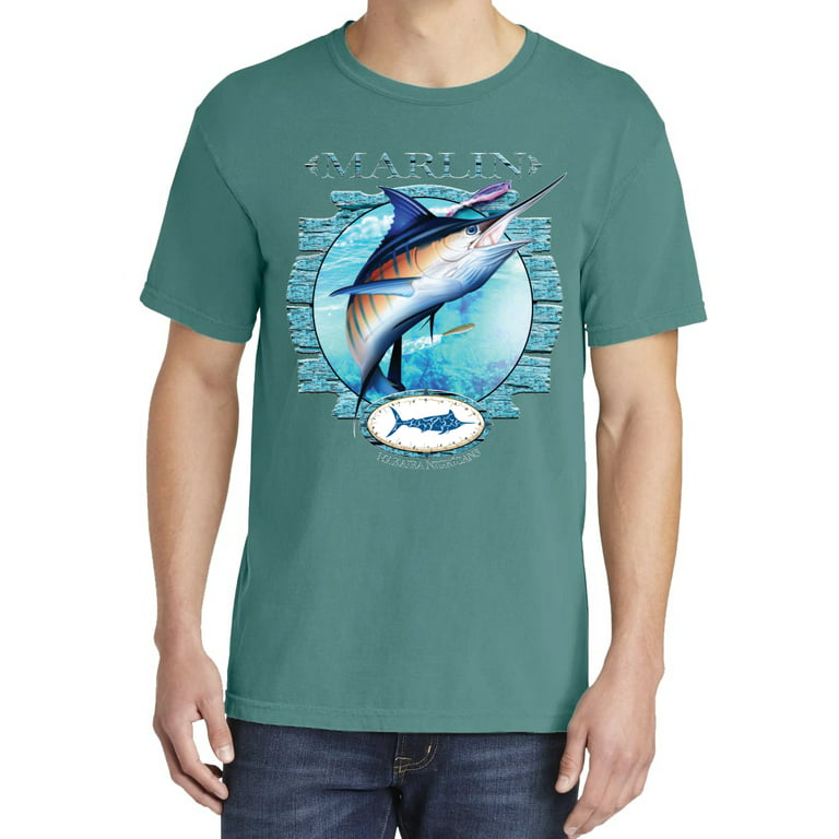 Wild Bobby, Blue Marlin Fish, Fishing, Garment-Dyed Washed Look Short  Sleeve Tees, Emerald, Small 