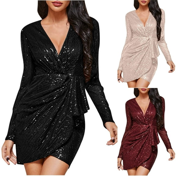 HAPIMO Women's Mini Bodycon Dress Solid Sequins Shiny Spring Long Sleeve V Neck Elegant Cocktail Party Trendy Beige L