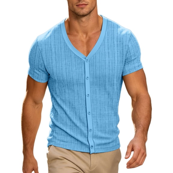 Klisyaur Mens V Neck Shirt Short Sleeve Button Tops Ribbed Lightweight Knit Blouse for Men Fashion Outfit