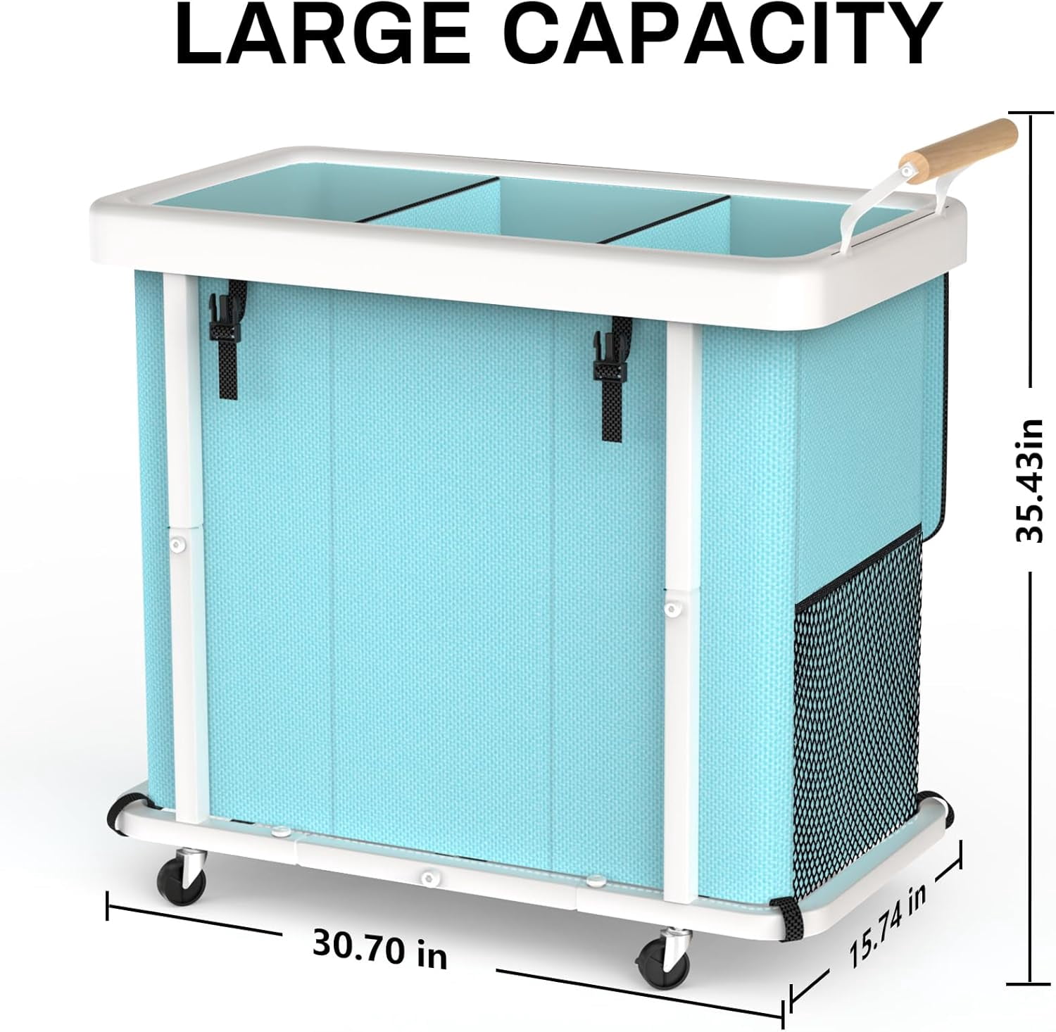 230L (60 Gal) Extra Large Fashion Laundry Sorter 3 Section with Lid, Rolling Laundry Basket Hamper with Handle, Laundry Organizer Storage Cart with Sturdy Metal Frame for Laundry Room,Hotel - Blue