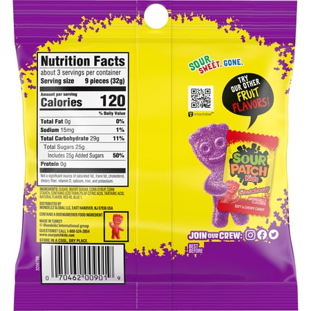 SOUR PATCH KIDS GRAPE SOFT & CHEWY CANDY, 3.58 OZ