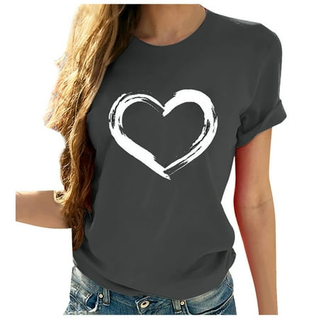 

Cute Tops For Women Short Sleeves Heart-shaped Print Sweatshirt Lady Casual Tops Blouse Loose Fit T-shirt Gray X-Large