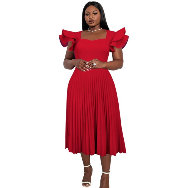 Vestido AOMEI para mujer, cuello cuadrado rojo, manga con volantes, midi