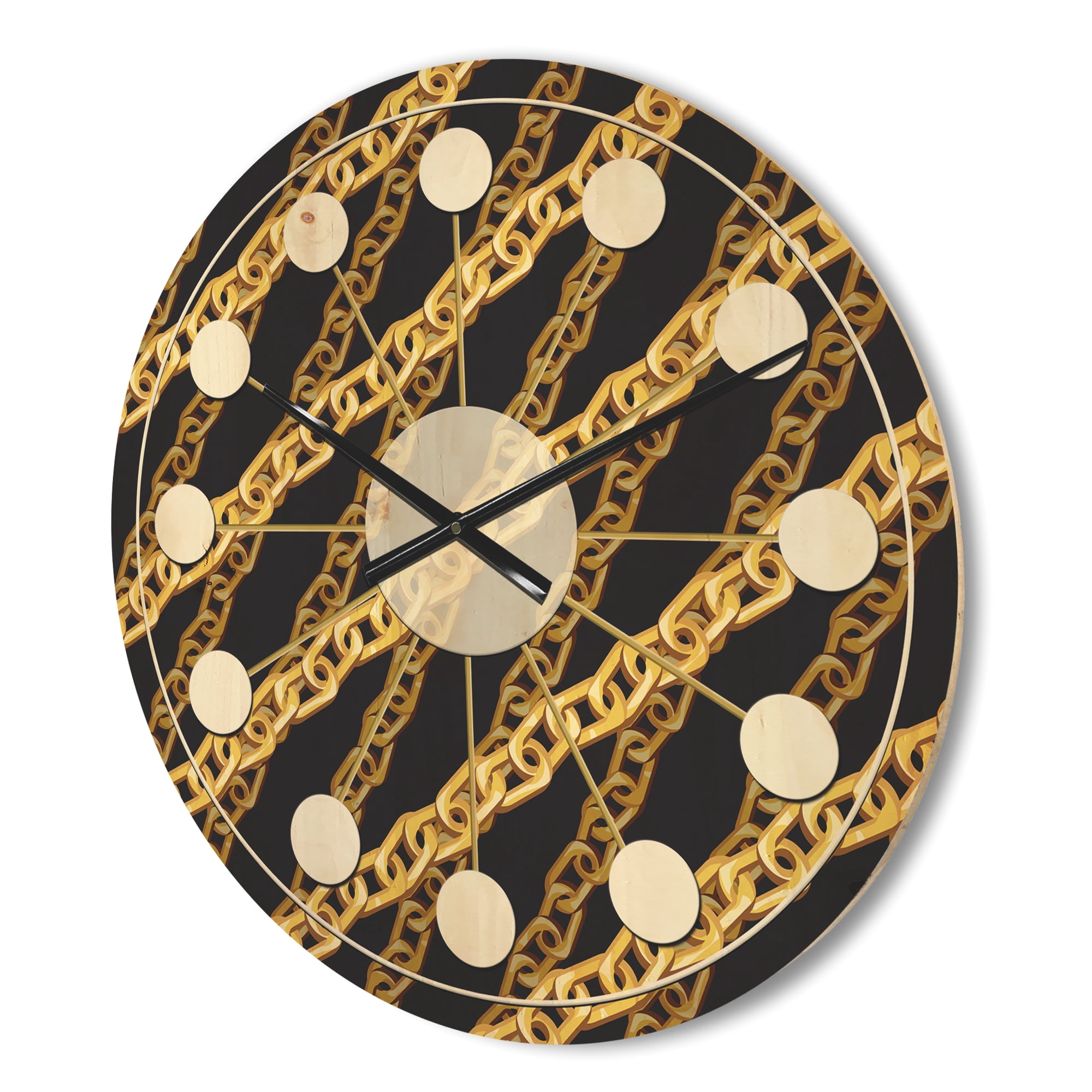 Designart 'Golden ZigZag Chain On Black' Mid-Century Modern Wood Wall Clock