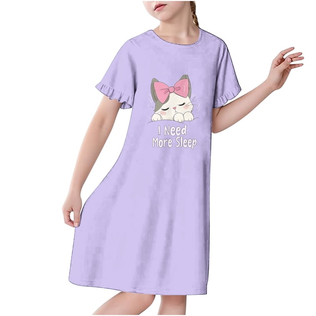 RXIRUCGD 2025 Vêtements d'Été pour Enfants 3-12 Ans Mode Imprimée Pyjama Rêveur Mi-Mollet Chemise de Nuit