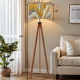 thumbnail image 2 of Wood Tripod Floor Lamp, Mid Century Wood Standing Lamp with 3 Color Temperature Dimmable Standing for Living Room, Bedroom, Office Retro White Gold Marble Marble Patterns Flaxen Lamp Shade, 2 of 5