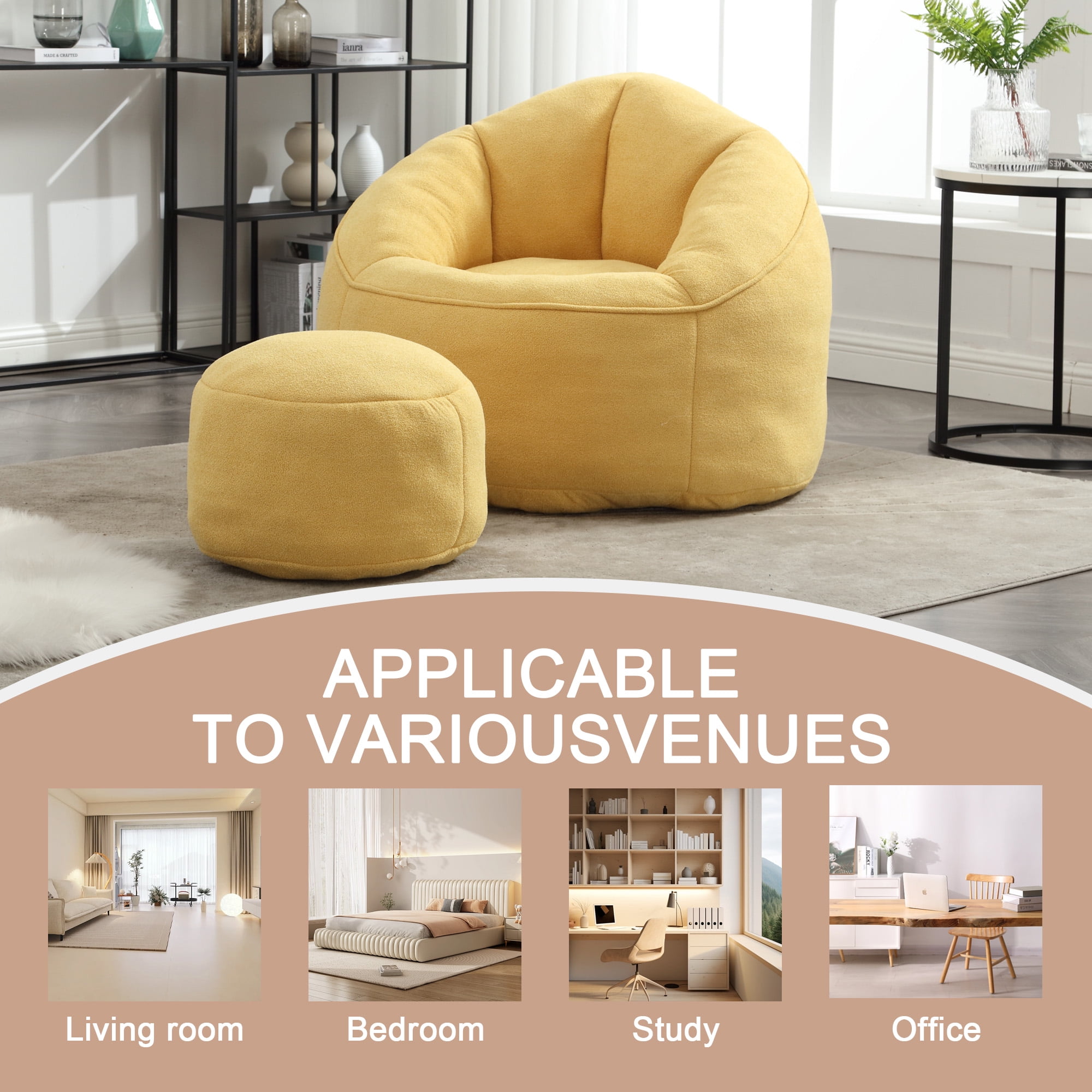 MOONMISS Microfiber Upholstered High Pressure Foam Round Lazy Bean Bag Sofa Chair with Ottoman-Yellow
