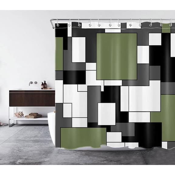 Sage Green Geometric Shower Curtain for Bathroom, Grey Black and White Mid Century Modern Minimalist Shower Curtains Polyester Bathroom Decoration Bath Curtains with Hooks 36"W x 72"L (Pack of 1)