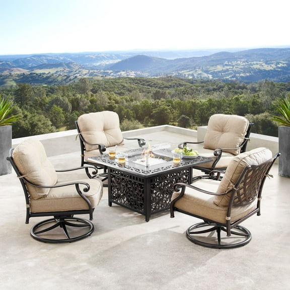 Outdoor Living and Style 5-Piece Brown and Black Outdoor Patio Square Fire Table with Four Swivel