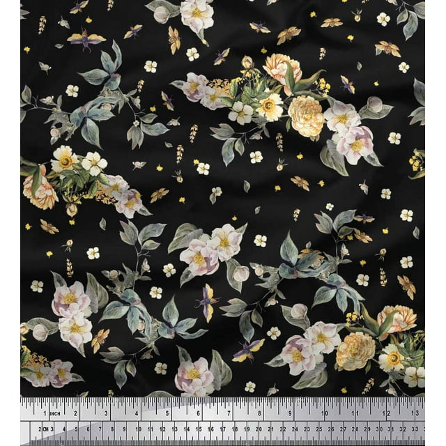Soimoi Modal Satin Fabric Leaves,Moth & Magnolia Floral Fabric Prints By Yard 42 Inch Wide