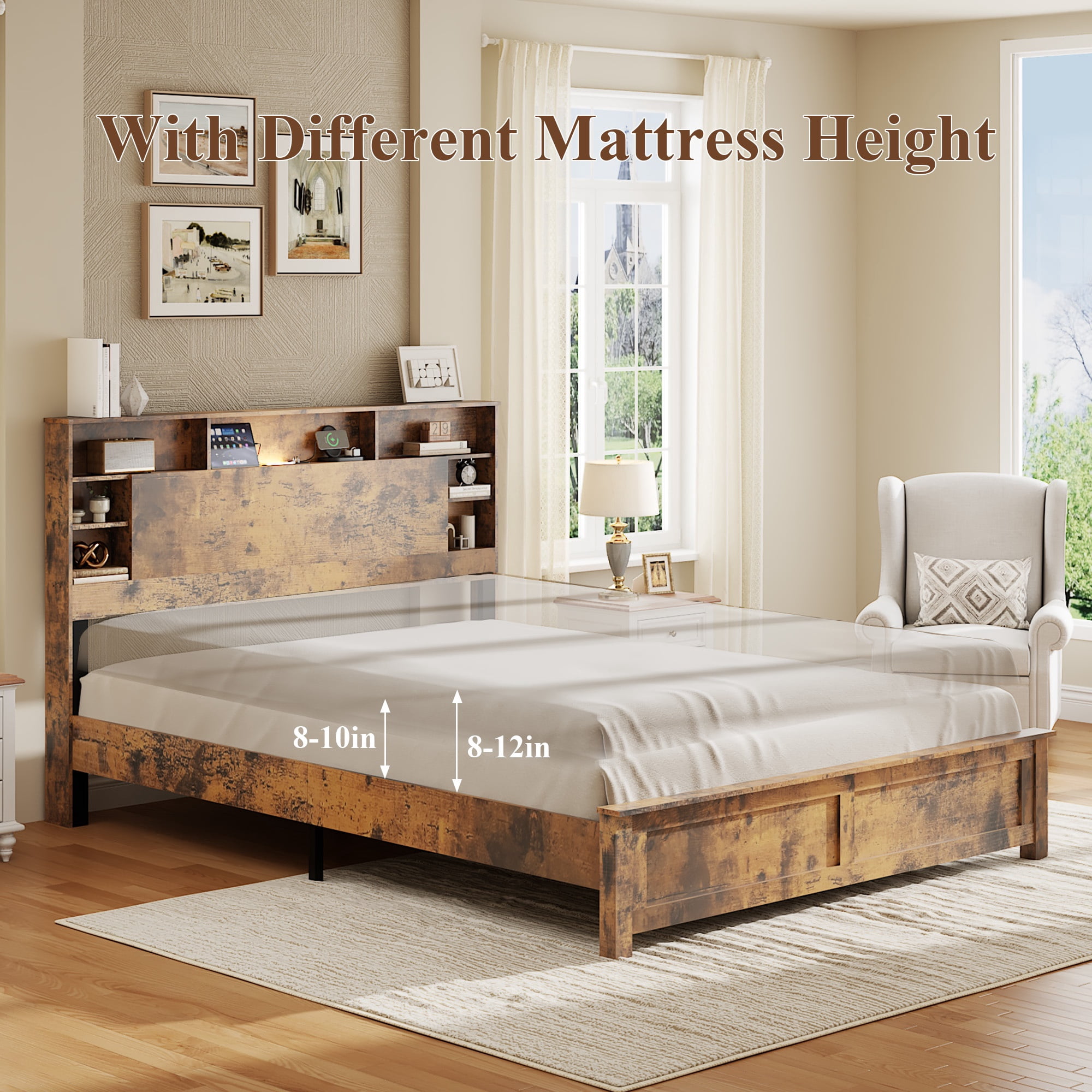PORKISS Full Size Bed Frame with Storage Headboard, Charging Station and LED Lights, Rustic Brown Wood Platform Bed Frame with Bookcase Headboard, USB & Type-C Ports, No Box Spring Needed