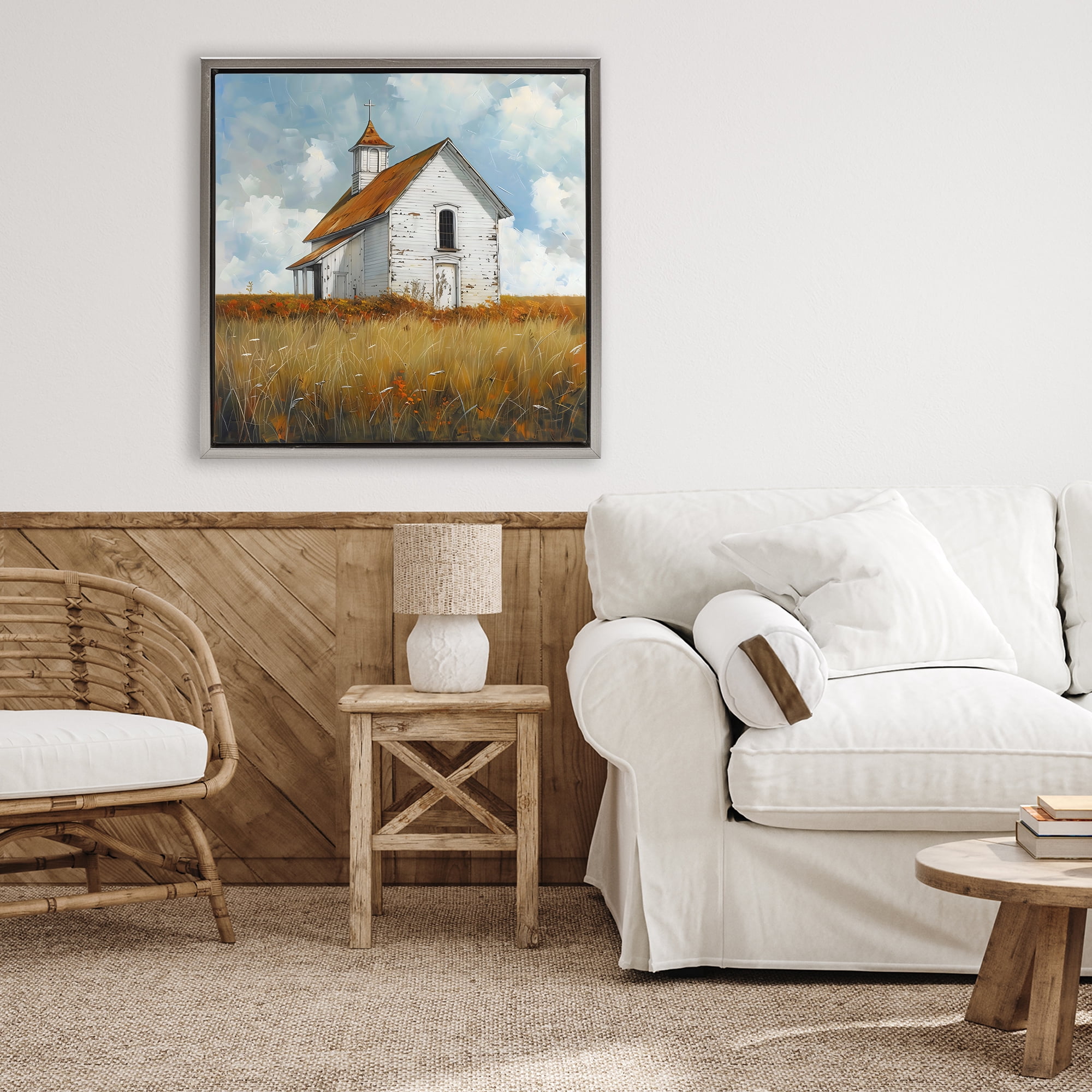 Stupell Industries Rustic Church in Field Gray Framed Floater Canvas Wall Art, design by Creative Studio
