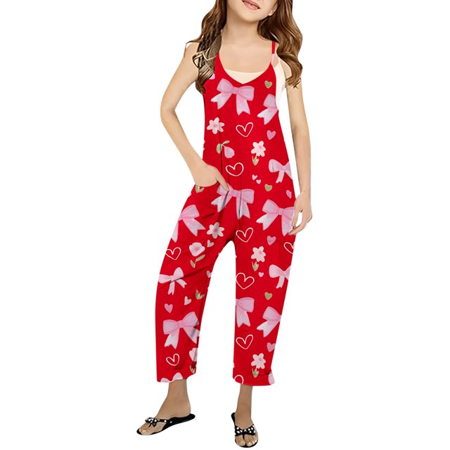 Combinaison pour Filles à Imprimé Nœud Combinaisons Barboteuses pour Filles Barboteuses Sans Manches avec Poches Mode pour Filles 13-14 Ans
