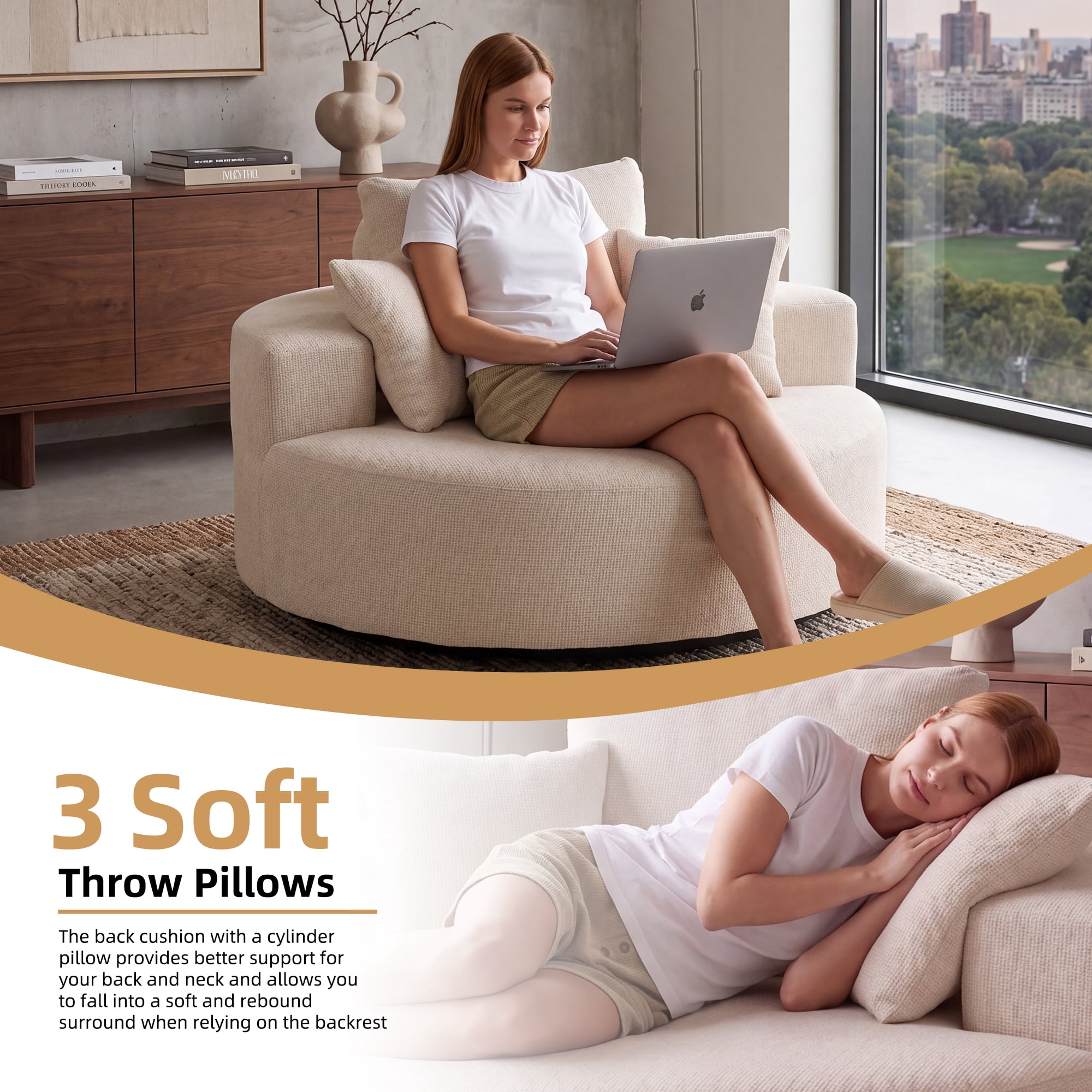 Aukfa 55" Oversized Round Chaise Lounge Chair, Chenille Lounge Sofa with 3 Pillows & Wide Armrests,Beige