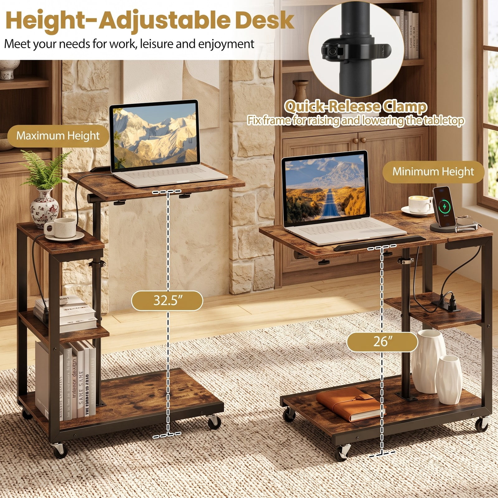 Furnibear 3-Tier Mobile Couch Side Table with Charging Station, Height Adjustable C-Shaped Sofa End Table with Tiltable Tabletop, 2 AC Outlets, Rustic Brown & Black