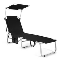 Beach Lounge Chair, Tanning Chair, Foldable Chaise Lounge with Canopy, Adjustable Backrest & Side Pocket for Seaside, Pool, Patio (Black)