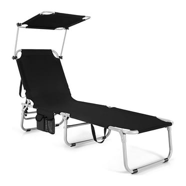 Beach Lounge Chair, Tanning Chair, Foldable Chaise Lounge with Canopy, Adjustable Backrest & Side Pocket for Seaside, Pool, Patio (Black)