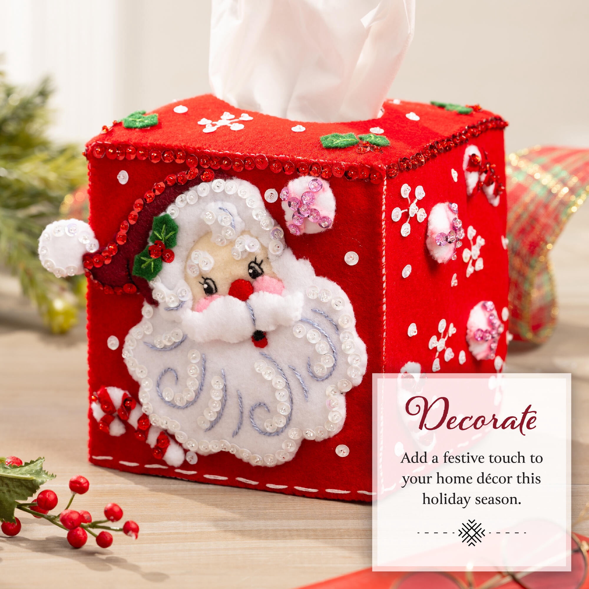 Bucilla Jolly St. Nick Felt Applique Tissue Box Cover Kit, 4.5 x 4.5 x 4.5 in