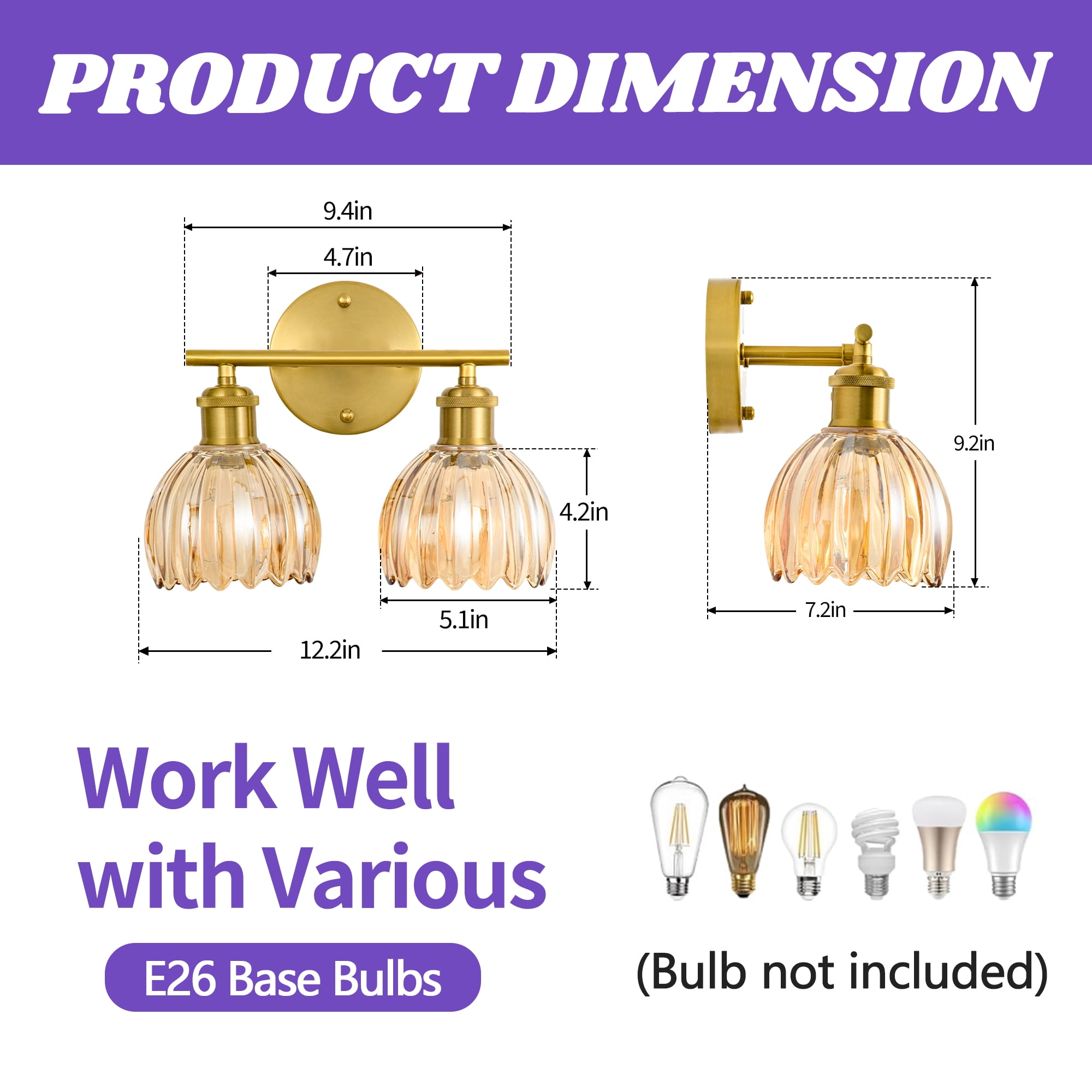 GCGAFUL Modern Gold Bathroom Vanity Light Fixtures, 12 in. 2-Light Bathroom Lights Fixtures Over Mirror with Amber Tulip Glass Shade