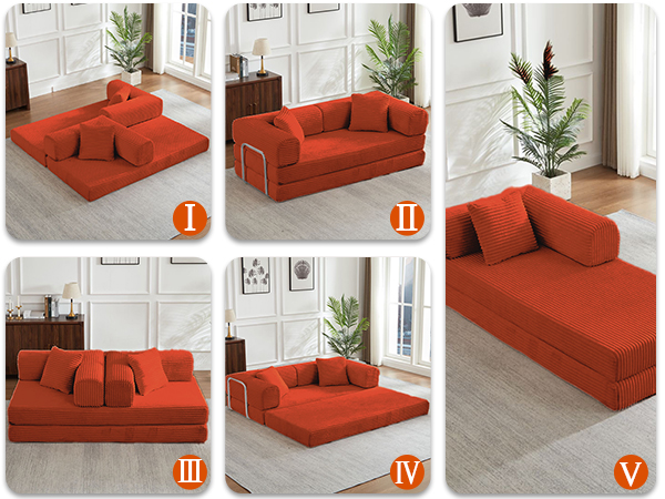 Gewnee Orange 2-in-1 Convertible Corduroy Sofa Bed with High-Density Sponge No Assembly for Apartment Dorm Office