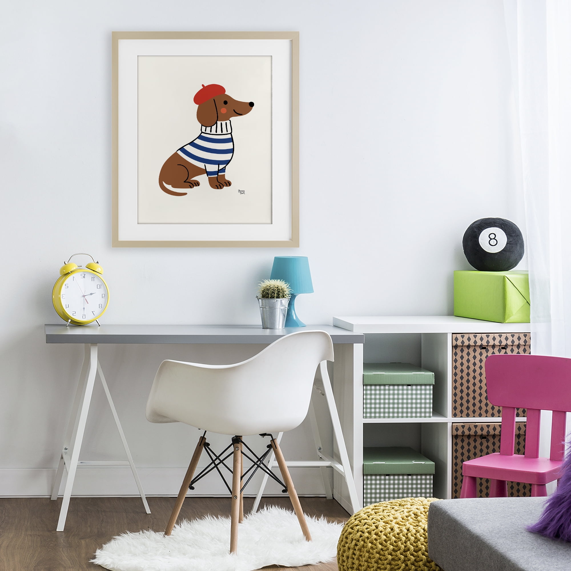 French Dachshund in Beret Birch Framed Print Under Glass, design by Jessica Beck