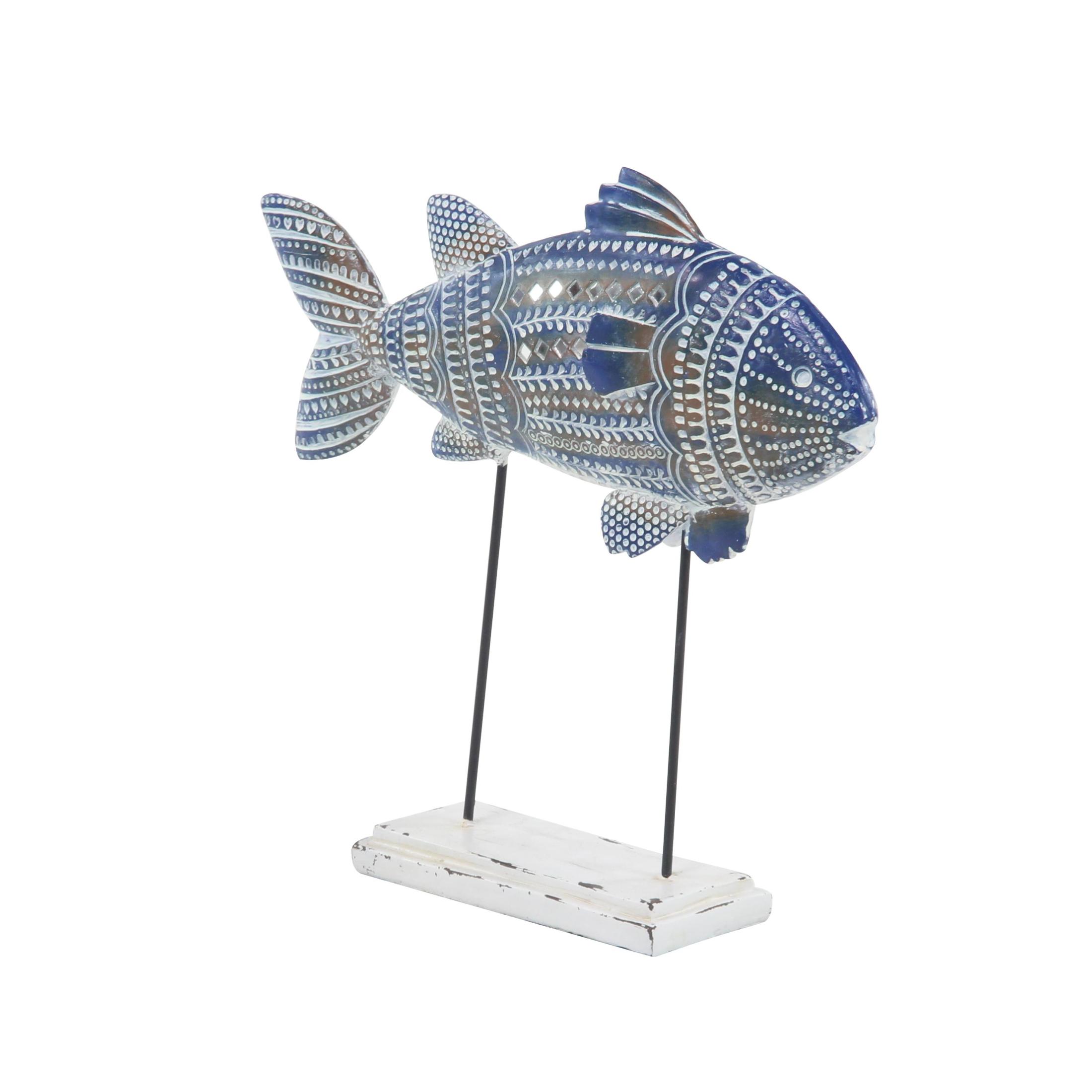 14", 10"H Blue Polystone Tribal Patterned Fish Sculpture with White Carvings and Mirrored Accents, by DecMode (2 Count)