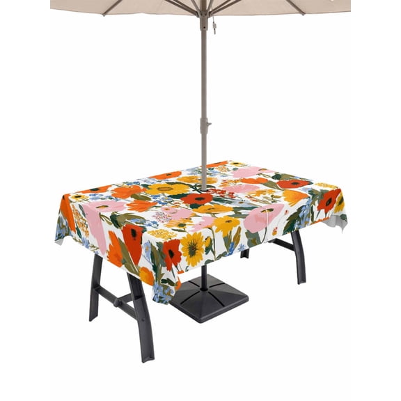 Outdoor Tablecloth with Umbrella Hole for Patio/Picnic/Party/Camping, Spring Flowers Waterproof Table Cloth Rectangle Table Cover Washable, Watercolor Floral Daisy Poppy Plants Rustic (52"x 70")