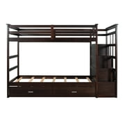 Harper & Bright Designs Twin Over Twin Bunk Bed with Trundle and Stairs, Wood Kids Bunk Beds with Storage Drawers and Guardrail for Teens Adults, Espresso