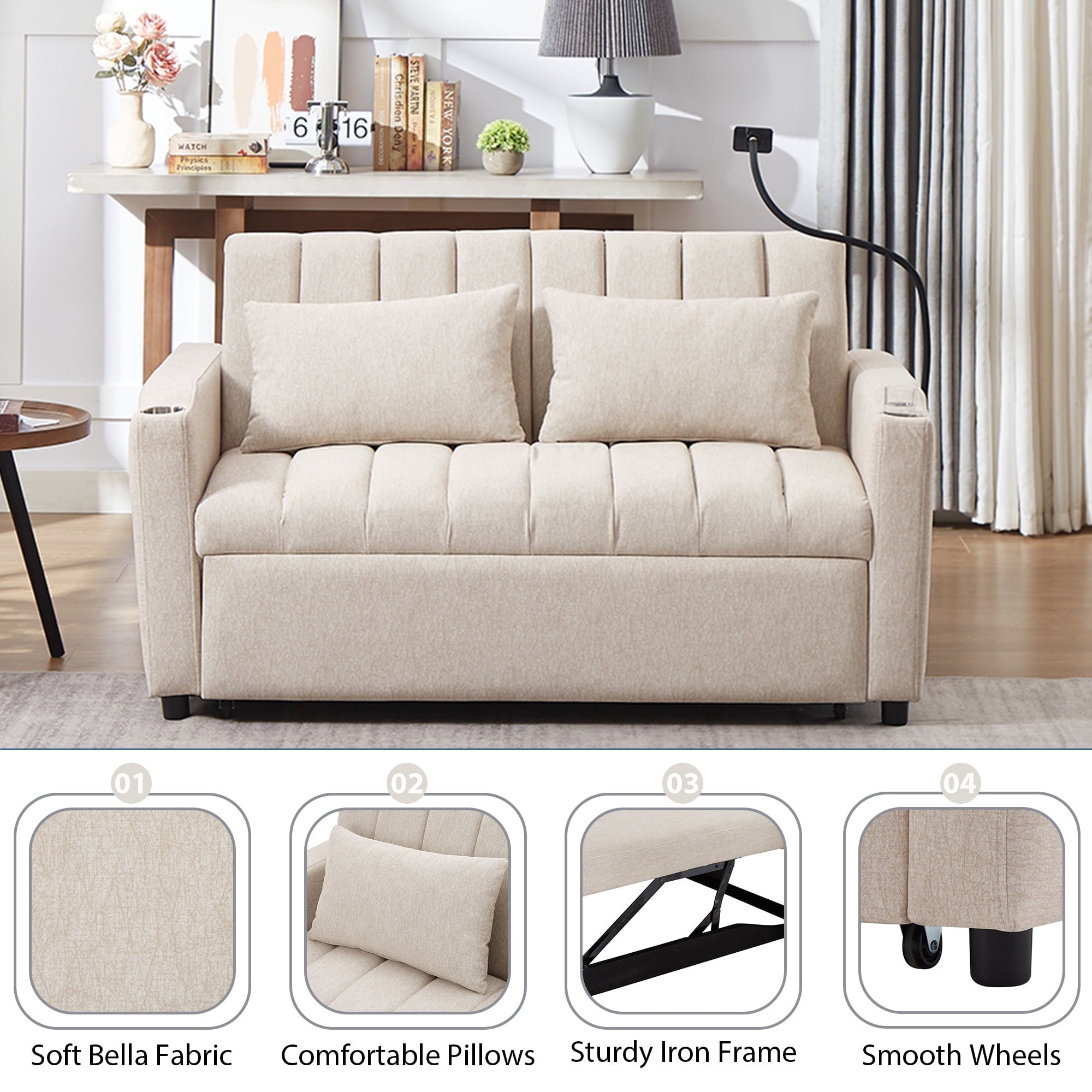 EUROCO 1100LBS Queen Pull Out Sofa Bed, 55.9" Convertible Sleeper Loveseat with 3 USB Ports, 2 Side Pockets,2 Cup Holders and 360°Swivel Phone Holder,Modern Loveseat Sofa for Living Room
