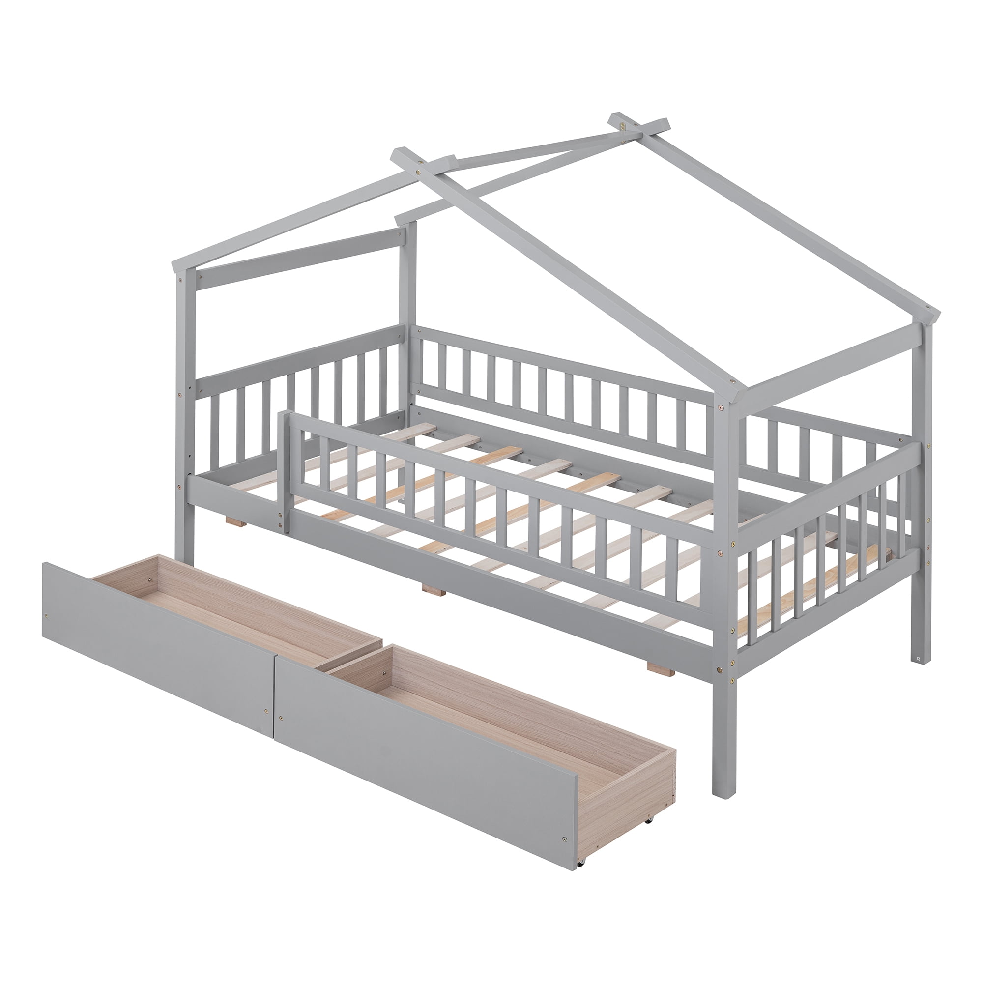 Harper & Bright Designs Twin House Bed with 2 Storage Drawers, Twin Bed Frame with Rails and Roof, Wooden Tent Montessori Bed for Bedroom, Gray