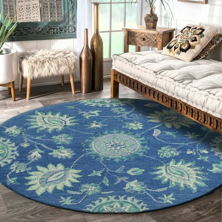 LR Home Dazzle Blue Jacobean Floral Damask Indoor Round Rug ( 6 ft x 6 ft )