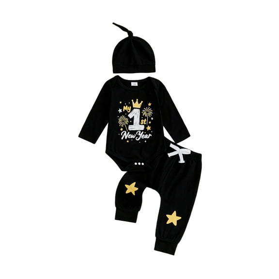 Miaouyo Baby Boy First New Year Outfit Letter Firework Long Sleeve Romper Pants and Knotted Hat 3 Piece Set